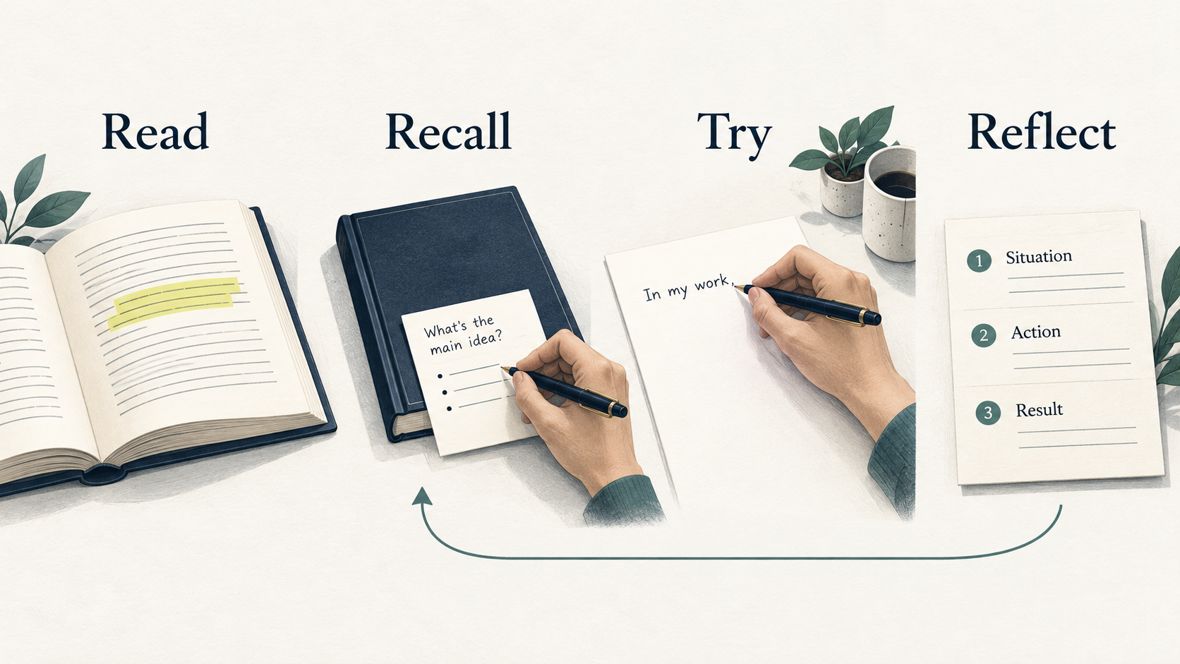 Daily Read moves from reading an idea to recalling it with the book closed, trying it in a task, and recording the situation, action, and result.