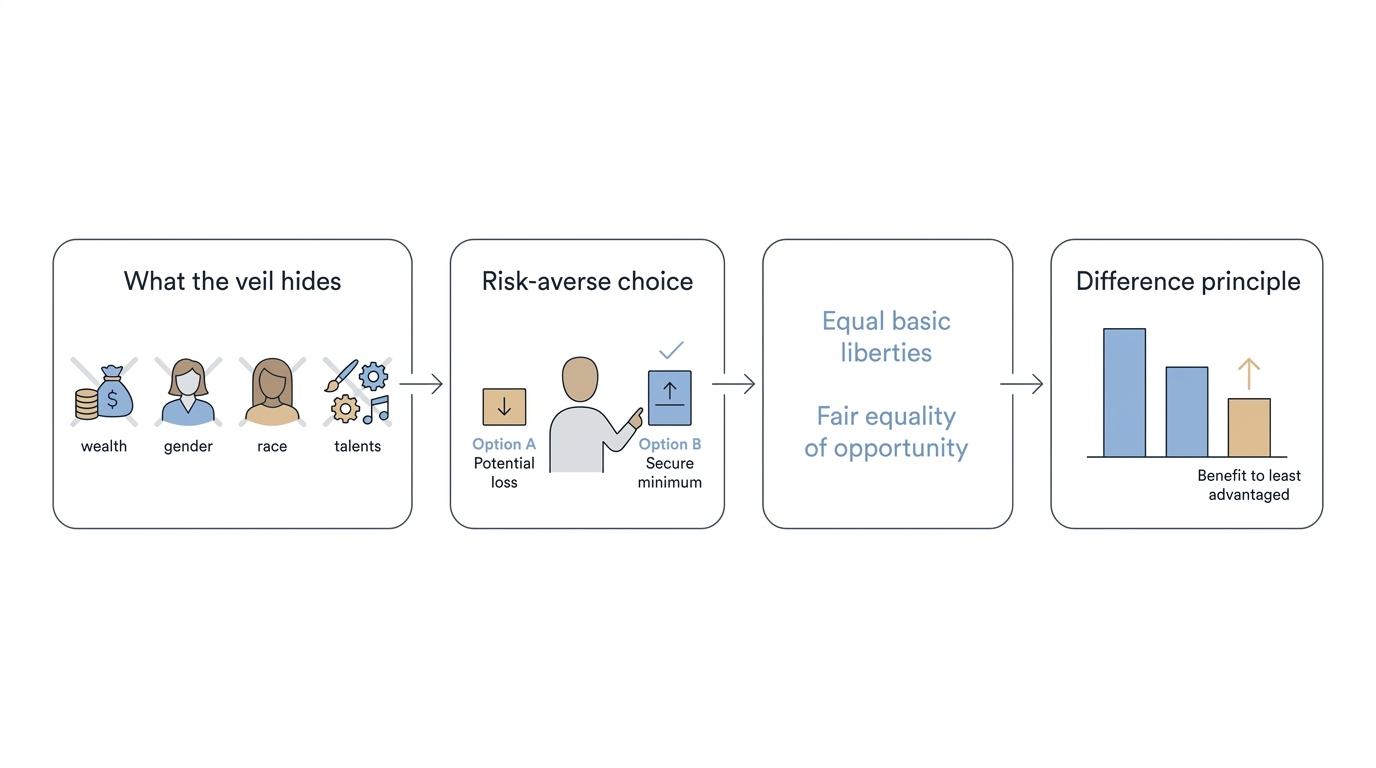 The veil hides wealth, gender, race, and talents, which pushes people toward a risk-averse choice, equal basic liberties, fair equality of opportunity, and the difference principle
