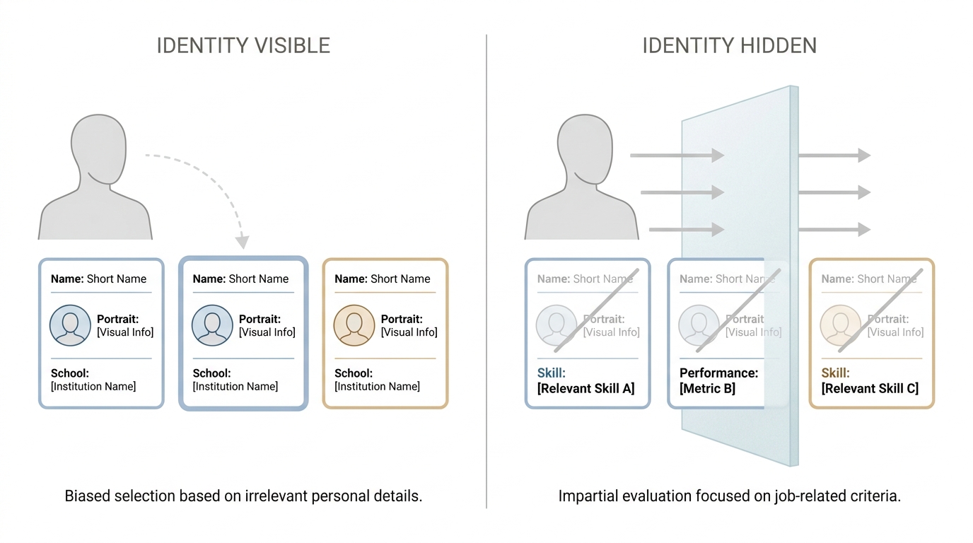 Two panels comparing an evaluator who can see candidates' names, photos, and schools with an evaluator separated by a screen who sees only skill and performance information