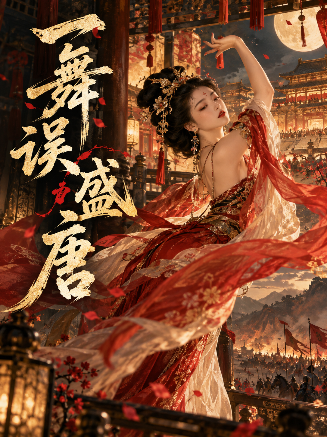 《一舞误长安:杨玉环》封面插画:红衣舞者与唐代宫殿